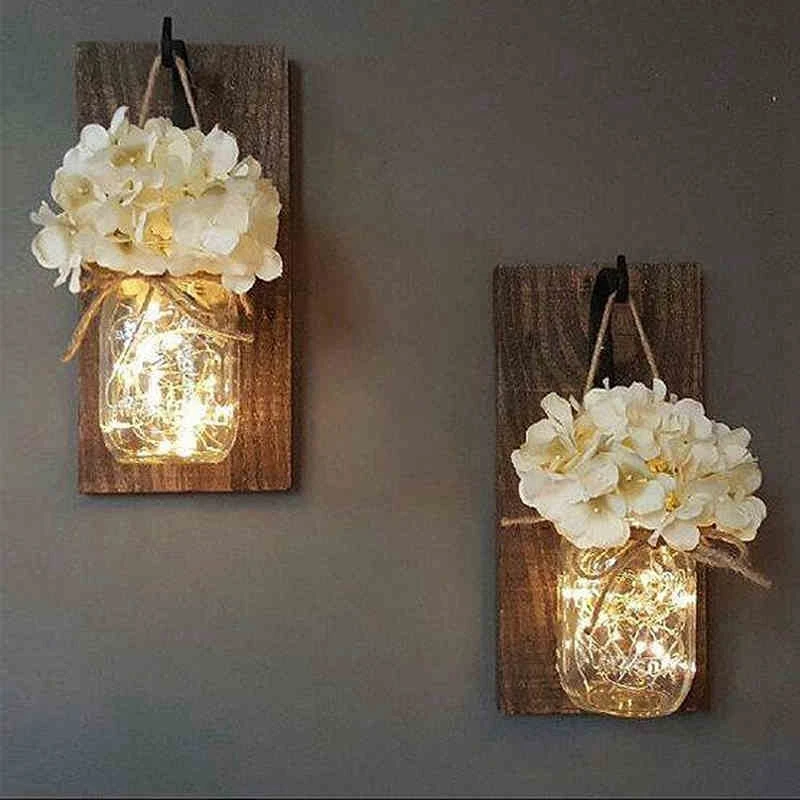 Ins Rustic Mason Jar Wall Sconces With Led Fairy Lights Flowers For Country Home Wedding Cafe Bar Bedroom Decoration Wooden | Освещение