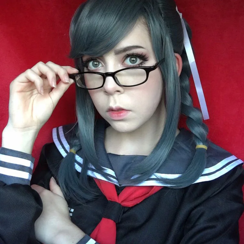 Anime Danganronpa Dangan-ronpa Peko Pekoyama Double Braided Dark Grey Synthetic Cosplay Wig for Halloween Wigs + Glasses