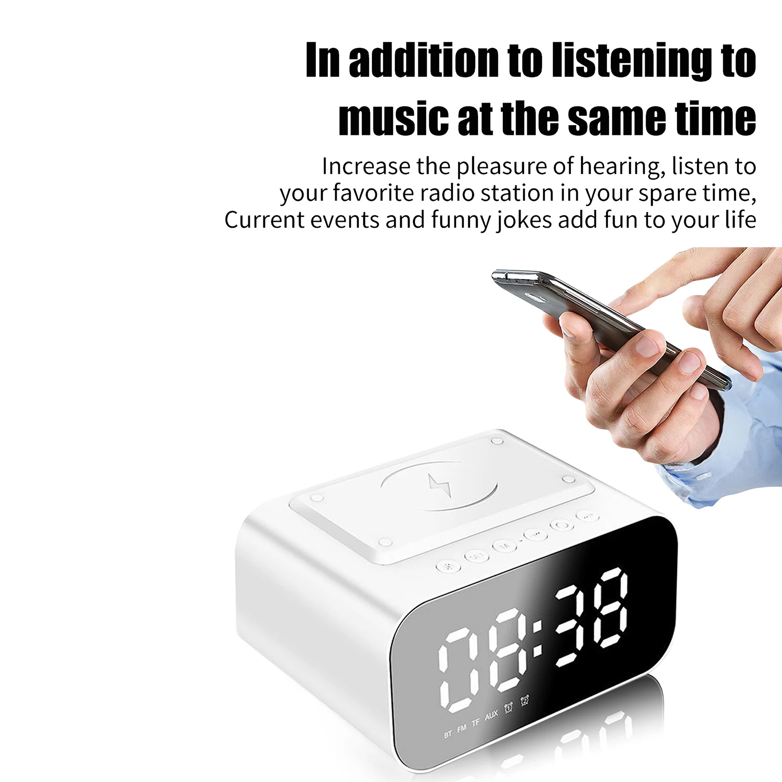 

Speaker Clock Mirror Led Alarm Clock Bluetooth Speaker FM Radio HiFi Stereo Surround Speaker Wireless Charging Alarm Clock