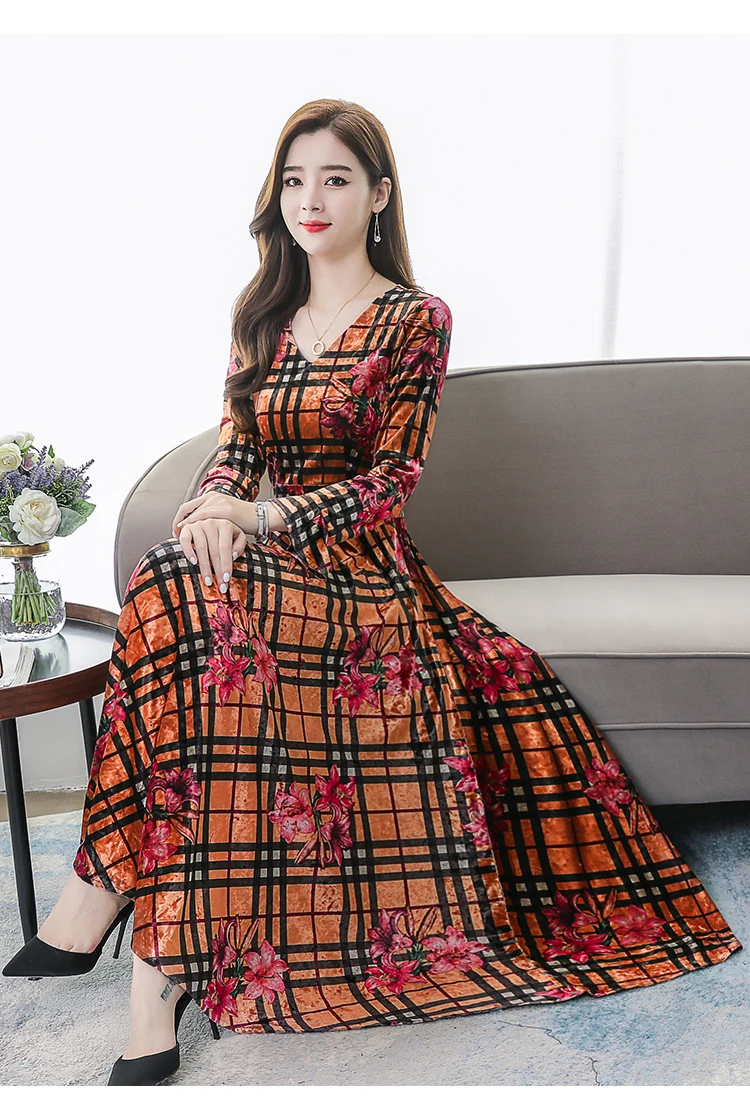 Vintage Floral Velvet Maxi Dresses Autumn Winter 3XL Plus Size Long Sleeve Midi Dress Elegant Women Bodycon Party Vestidos
