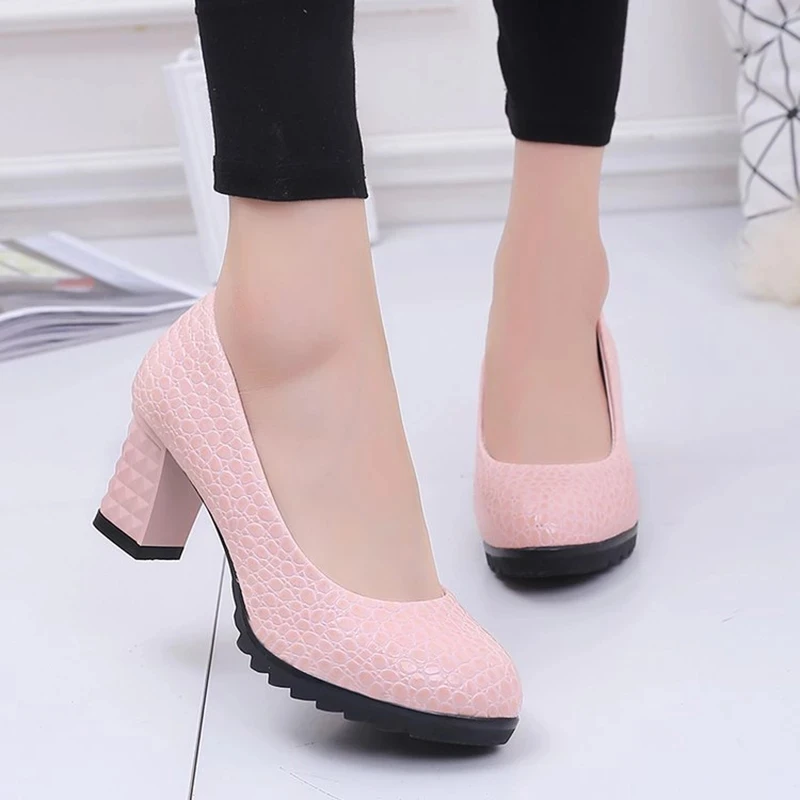 

Thick High Heels Women Shoe Fashion Solid Color PU Leather Womans Party Heels Ladies Wedding Shoes Shallow Mouth Pumps Female