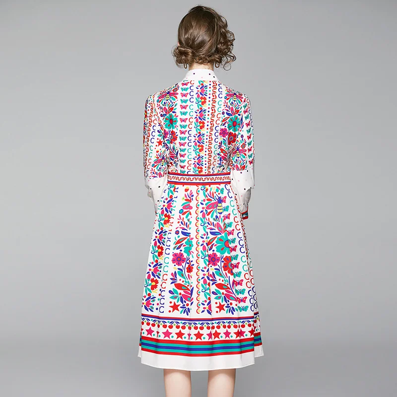 

Banulin 2020 Newest Designer Runway Midi Dress Summer Women's Turn Down Neck Short Sleeve Printed Floral Slim Dress vestidos