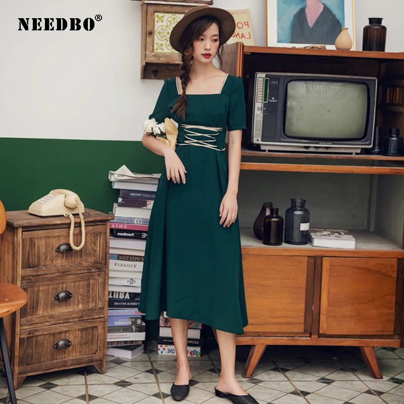 

NEEDBO Summer Dress Beach Boho Plus Size Vestidos Femme Women Dress Sexy 2020 Square Collar Party Dress Elegant Solid Lady Dress