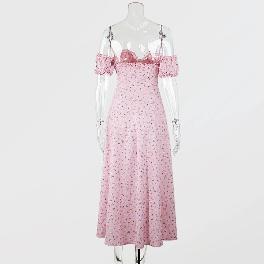 

Floral Print Dress Women Off Shoulder Pink Solid Elegant Draped Holiday Dress High Slit Backless Strapless Vestidos