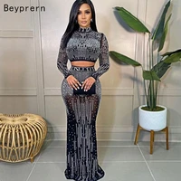 beyprern sparkle black rhinestone studded mesh crop top and maxi skirt two piece set glam see through crystal party club outfits