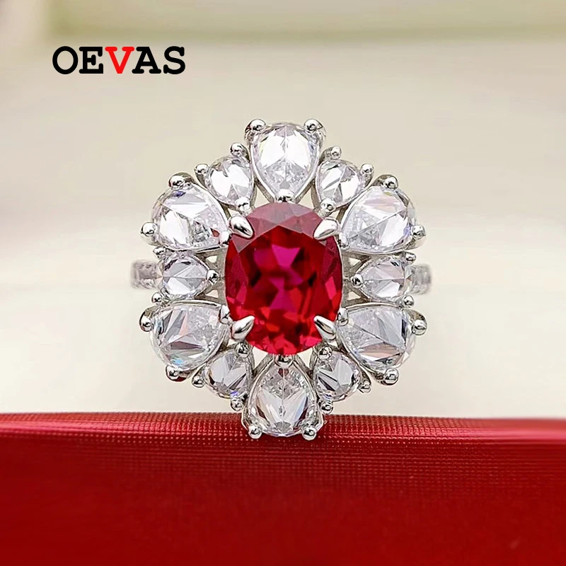 

OEVAS 100% Серебро 925 пробы 8*10 мм Рубин высокоуглеродистые бриллиантовые кольца для женщин сверкающие Свадебные вечерние ювелирные изделия опт...