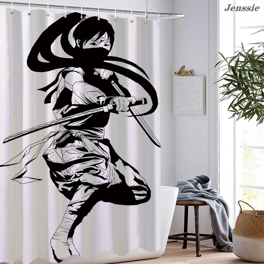 Японская занавеска для душа из полиэстера с принтом самурайского ниндзя ванной