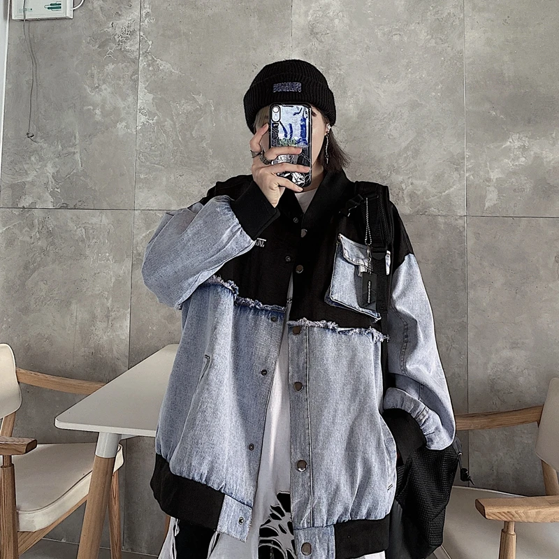 

Autumn Winter Harajuku Tooling Streetwear Vintage Denim Splicing Single-breasted Jacket Coat Loose Pink Oversize Outerweat