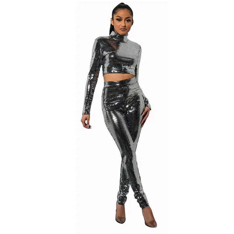 

New Fashion Sexy Two Piece Rompers Womens High Collar Long Sleeves Hollow Out Sequins Bodycon Clubwear Jumpsuits