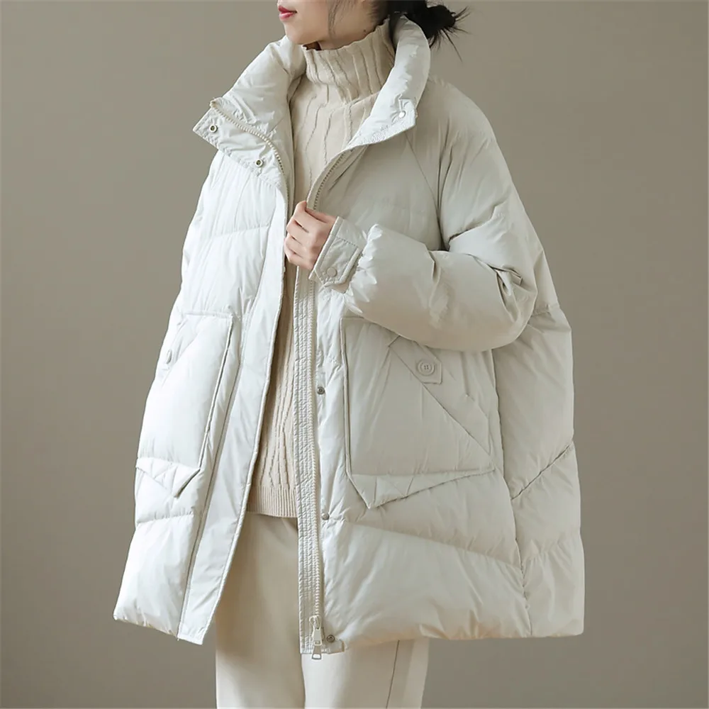 

M.Y.FANTASY 2021Winter Autumn Puffer Jacket Women 90% White Duck Down Coat Female Middle Long Loose Bread Coats Feather Parkas O