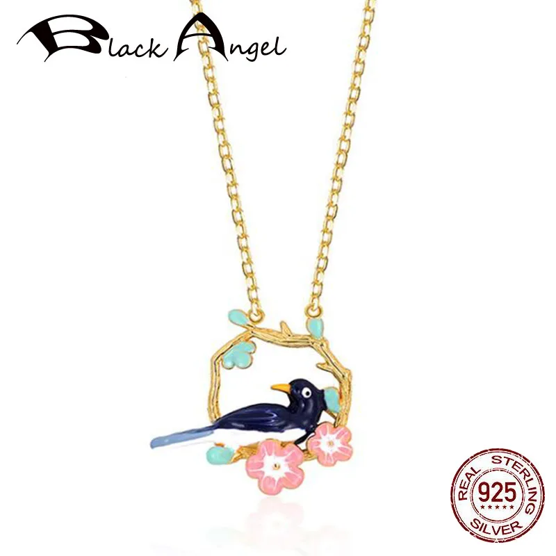 

New Handmade Enamel Rose Flower Magpie Necklace for Woman Chinese Wind 925 Sterling Silver Fashion Animal Pendant Jewelry