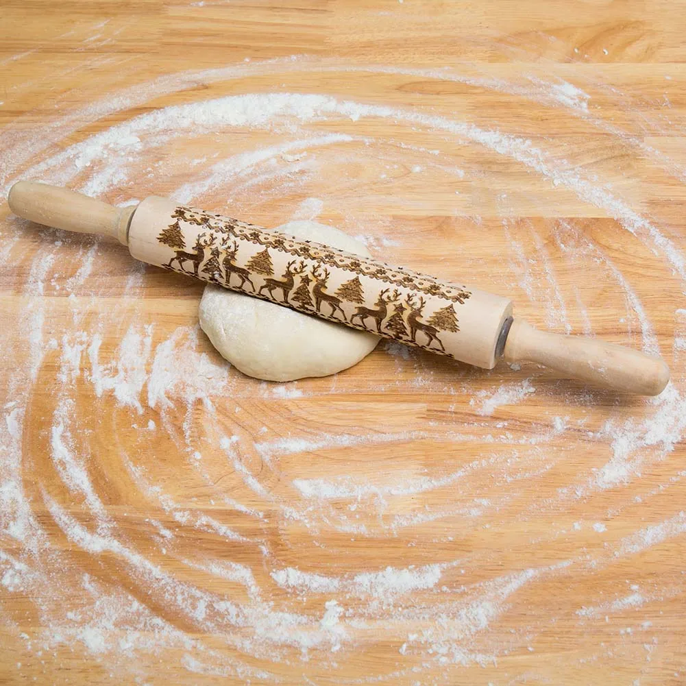 

Christmas Rolling Pin Engraved Carved Wood Embossed Rolling Pin Kitchen Tool 43cm TT-best