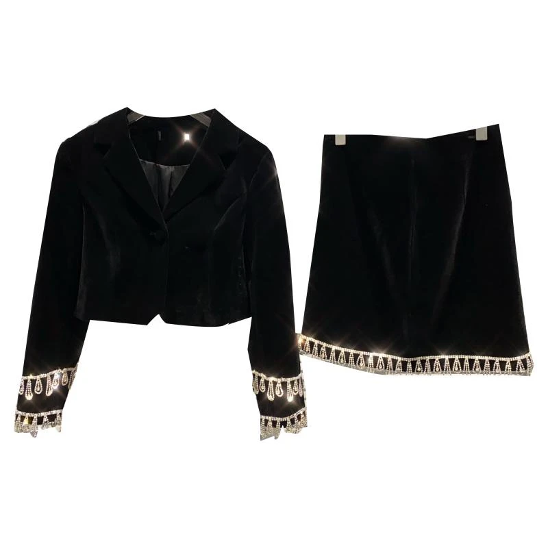 

2020 Autumn Retro Skirt Suits New Diamond Velvet V-neck Cropped Jacket Suit Coat + Cool Tassel Shiny Skirt Two-piece Sets women
