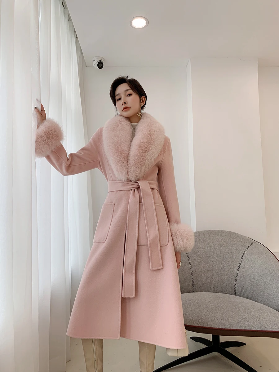

Real wool coat women winter 2020 new fashion fox fur collar long size Woollen overcoat