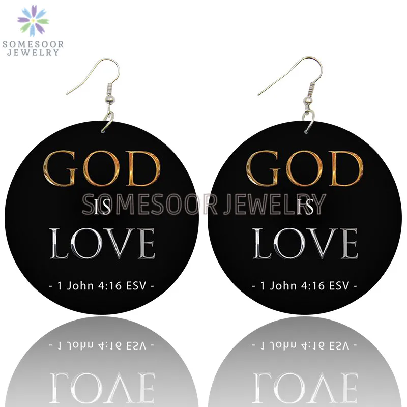 

SOMESOOR God Is Love Christian Wooden Drop Earrings I Love Jesus Bible Sayings Both Sides Printed Dangle Jewelry For Women Gifts