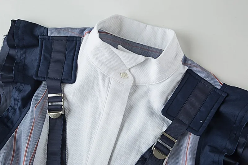 CHICEVER Летняя Повседневная полосатая женская блузка с воротником-стойкой и