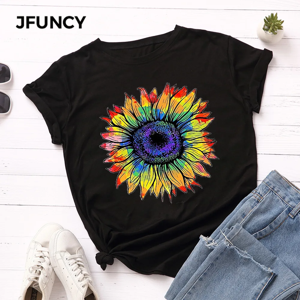 JFUNCY  Women T Shirt New Colorful Print T-shirts Female Short Sleeve Cotton Tees Tops Woman Summer Tshirt