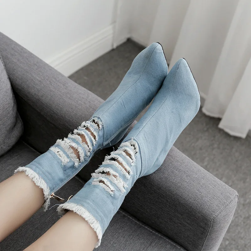 2019 Brand New American Style Women Shoes Winter Boots Mid-Calf Denim High (5cm-8cm) Pointed Toe Heels Zip | Обувь