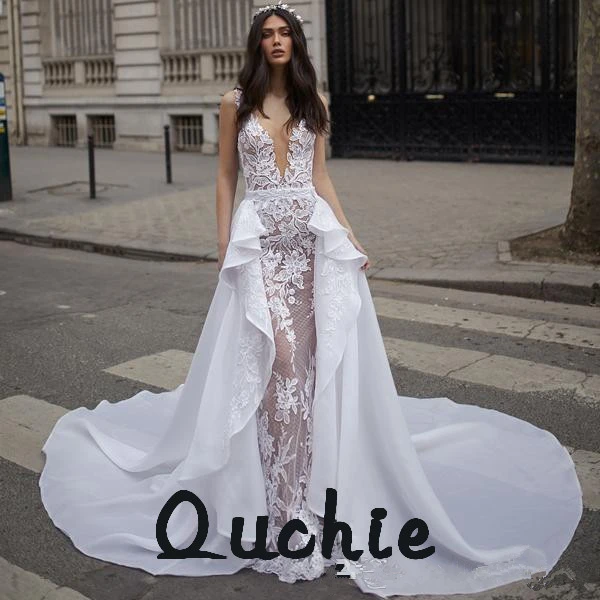 

Женское свадебное платье-русалка, черное платье с глубоким v-образным вырезом, со съемными вставками, индивидуальный пошив