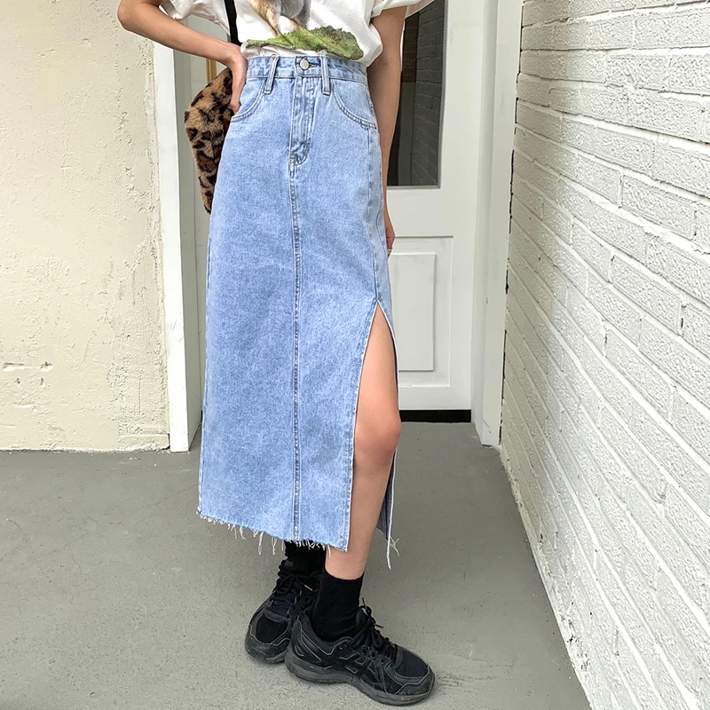 

Юбка-трапеция HziriP, однотонная Джинсовая, с высокой талией, повседневная, средней длины, лето 2021