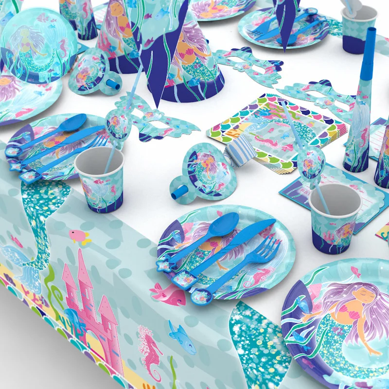 

90 Pcs/set New Mermaid Birthday Party Theme Layout Supplies Props Paper Banner Cups Plate Banquets Occasions Supplies Decoration