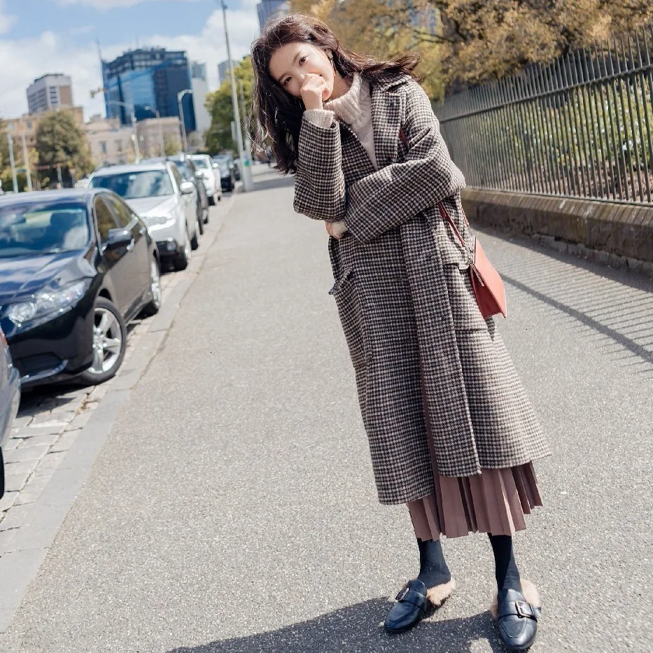 Плед Bovenkleding Herfst En зима ретро однобортный твид Gecontroleerd Jas Chic Revers Wollen Overjas Vrouwelijke |