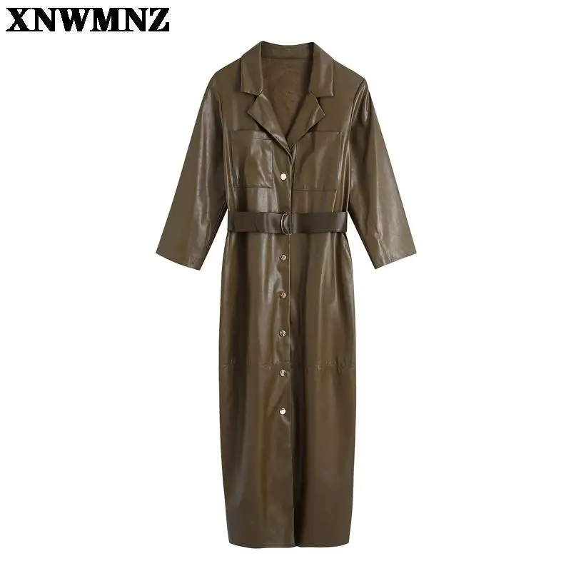 

XNWMNZ 2021 осеннее женское платье-рубашка из мягкой искусственной кожи рукав три четверти отворот карманы на кнопках халат с поясом платья