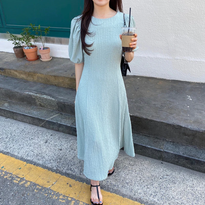 

Women Summer Long Dress Elegant Korean Style O-neck Lantern Sleeve A-line High Waist Tunic Ladies Dresses Casual Vestidos