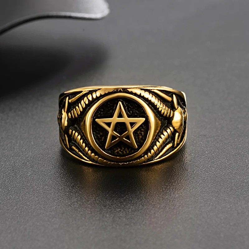 

Men Stainless Steel Pentagram Rings Satan Baphomet Goat Devil Demon Ring Vintage Jewelry Wholesale
