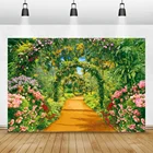 Фон для фотосъемки Laeacco фон Природа с изображением зеленой травы весеннего цветения цветка арки двери виноградной лозы тропинки фотосессия Фотостудия