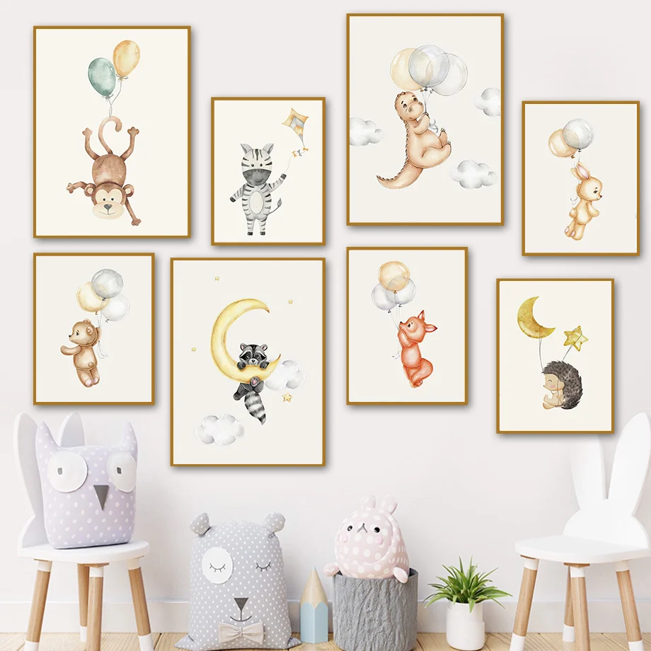 Cartoon Dinosaur Zebra Bear Fox Monkey Bunny Balloon Nordic Wall Art Canvas Painting Posters And Prints Pictures Kids Room Decor