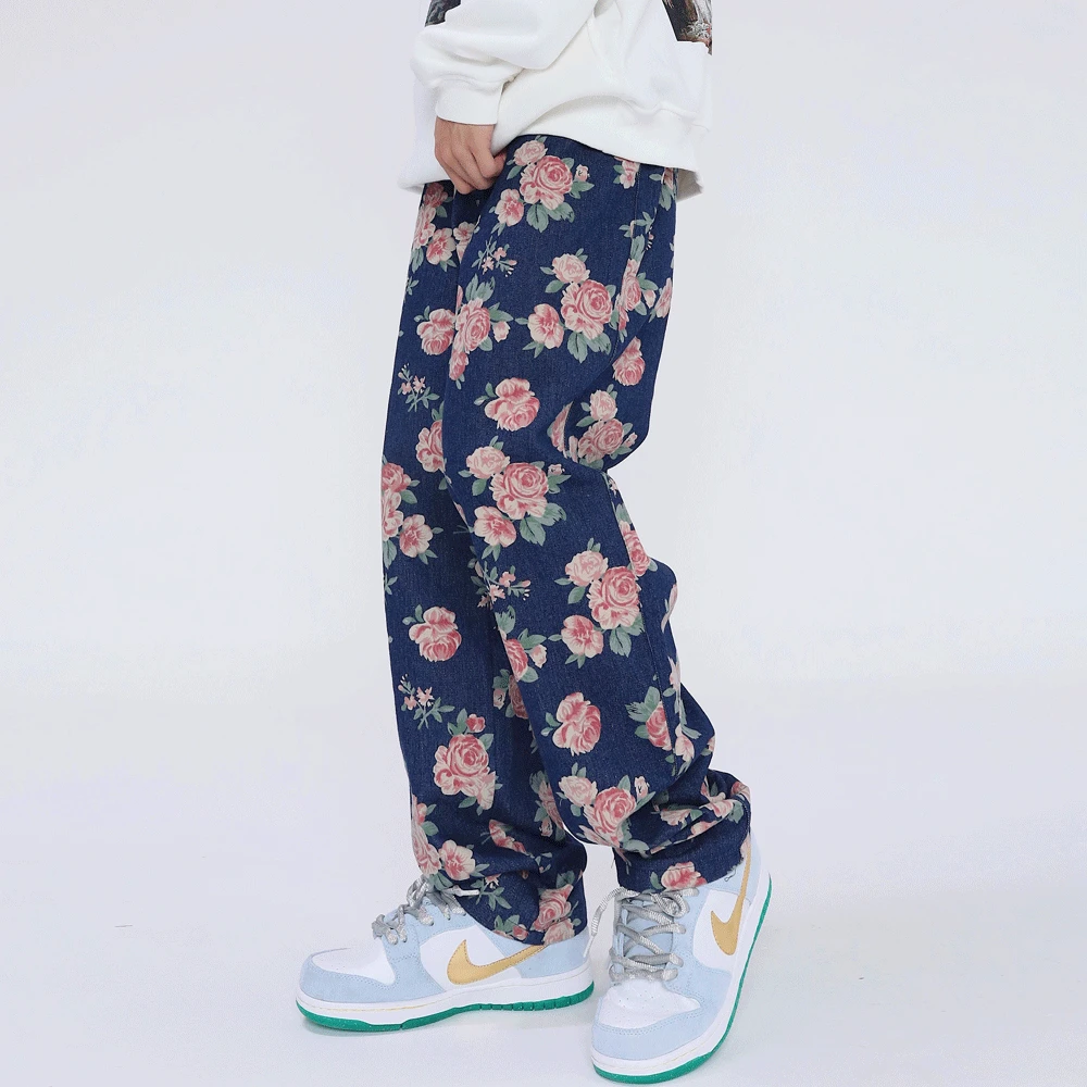 Stylish Rose Flower Full Print Vintage Men Casual Baggy Jeans Trousers Hip Hop Washed Women Denim Pants Elegant Pantalon Homme