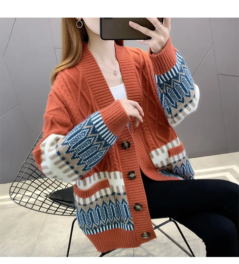

Вязаный кардиган, Женская Осенняя Свободная верхняя одежда, новинка 2021, свитер с V-образным вырезом, пальто, женский модный весенне-осенний Т...