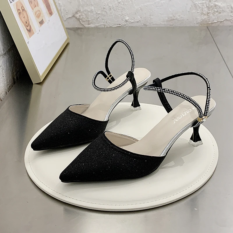 

Women's Sandals High Heel Bling Slip On Pointed Toe 2020 Fashion Ladies Slippers Thin Heels Woman Summer Elegant Shoes Plus Size