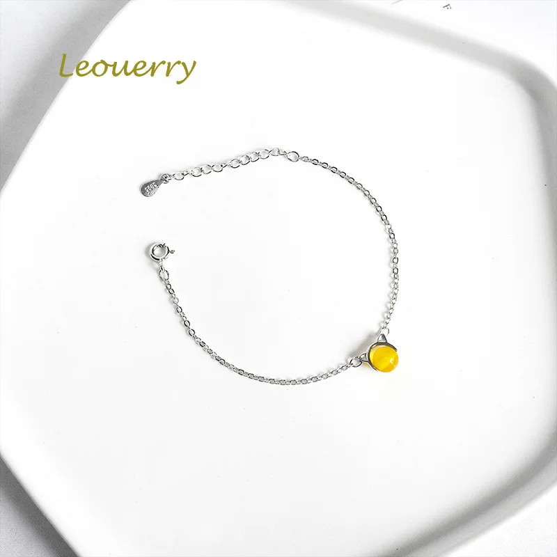 Leouerry Crystal Cat Ear Chain Bracelet Charm Amethyst Stone Bracele for Women Girl 925 Sterling Silver Jewelry | Украшения и