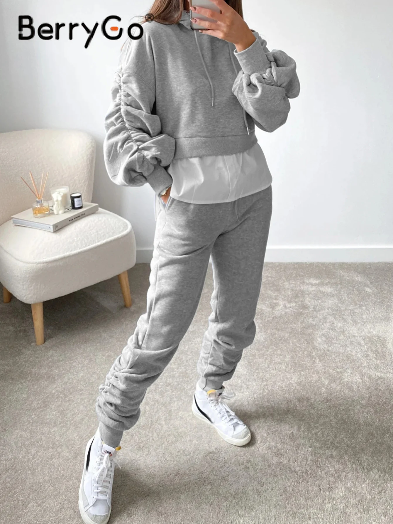 

BerryGo Autumn winter ruched sweatshirt hoodie suits women Fashion slim solid two piece sets female High waist long pant sets