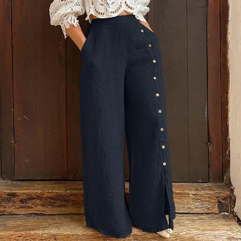 

Multi-button Split Wide-leg Pants Elastic Waist High-waist Trousers Loose Casual Solid Color Fashion Women Pants Spring Summer Y