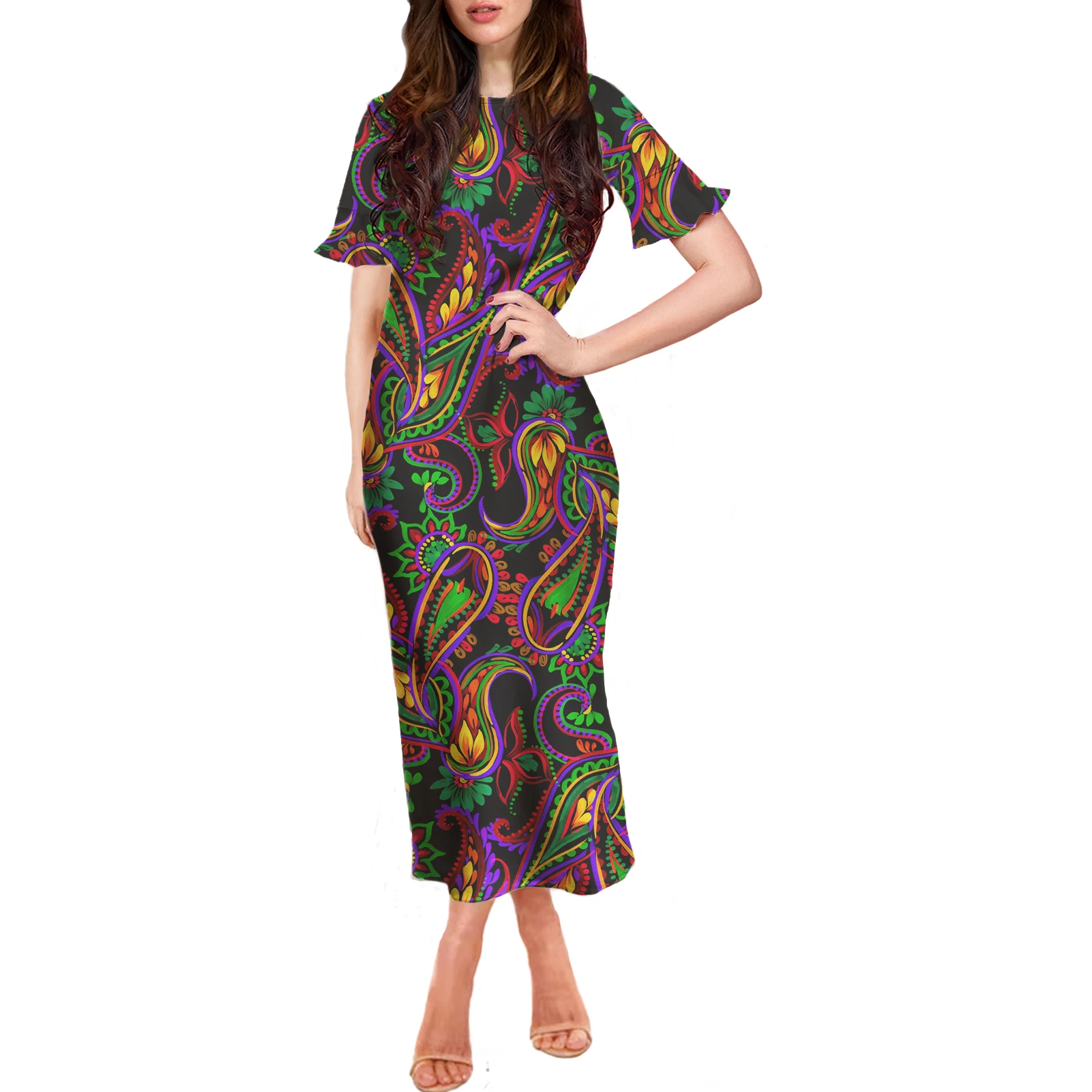 

Womens Short Sleeve Dresses 2022 New Bodycon Bandana Colorful Pattern Printed Fabric Ladies Maxi Dresses Women Casual Clothing