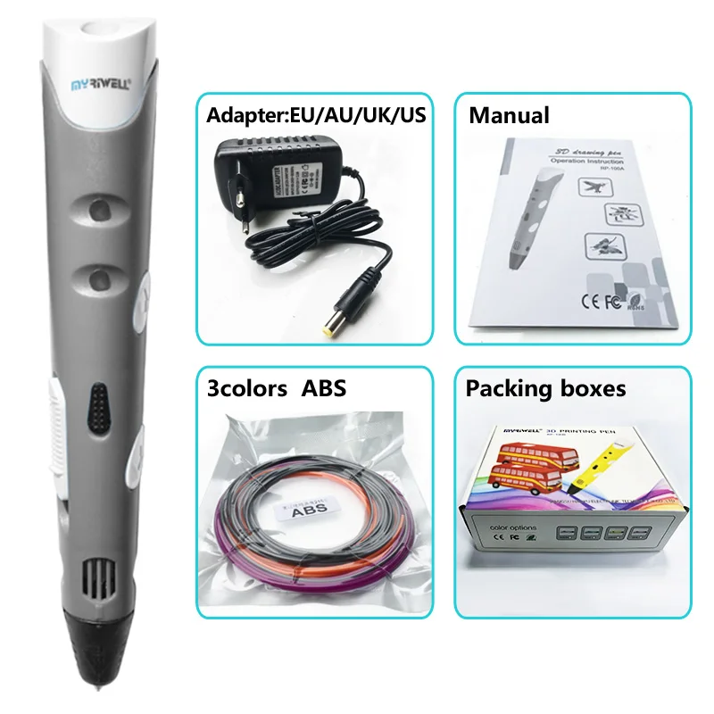 Gray pen Myriwell 3d Ручка 3d ручки, 1,75 мм ABS/PLA нити, 3 d pen3d модель, Creative3d ручка для печати, лучший подарок для детей DIY креативный, pen-3d - Цвет: Gray pen