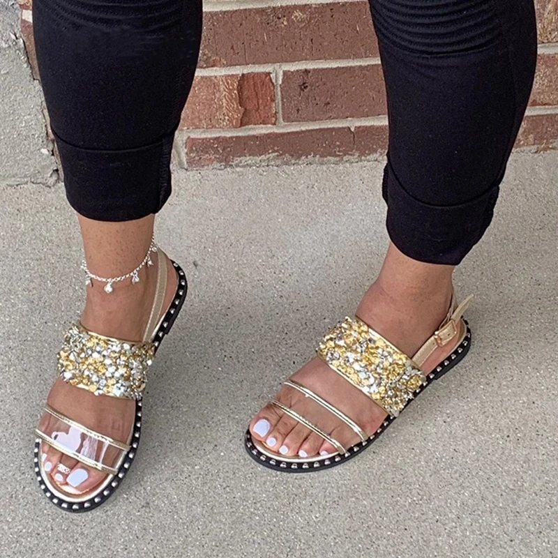 

2021 Summer Fashion Nailing Diamond Sequins Women Shoes Outdoor Sand Beach Roman Style Flat Bottom Sandals Plus Size 35-43