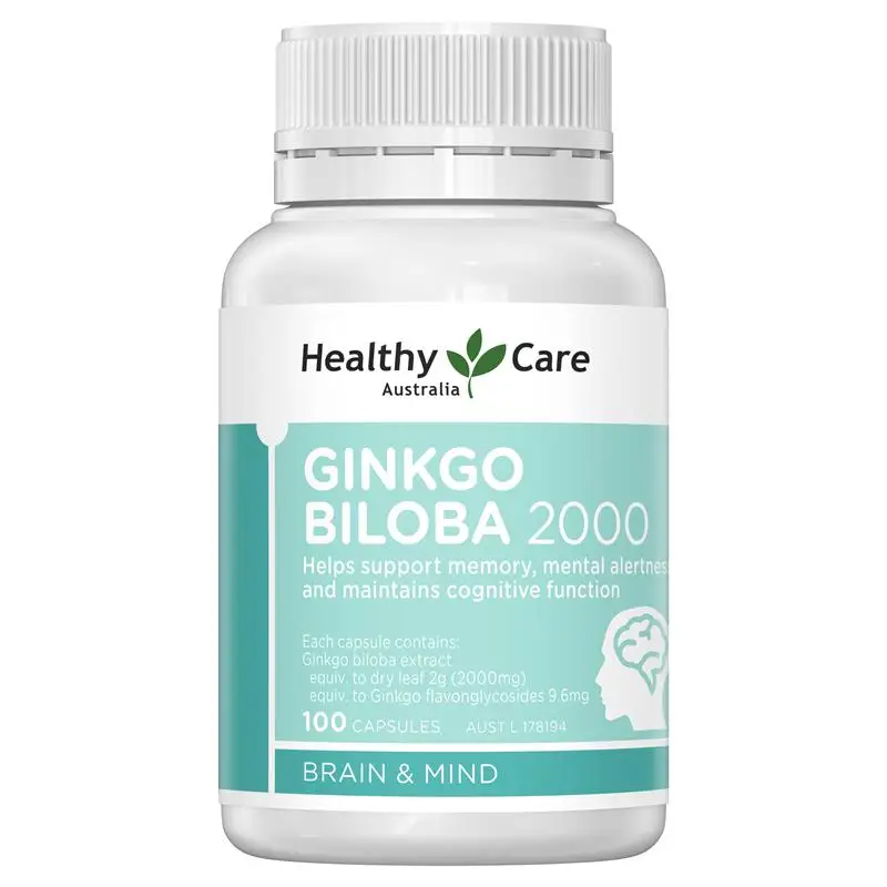 

Healthy Care Ginkgo Biloba 2000 100Capsule Brahmi Vitamin B Brain Mind Cognitive Function Health Mental Performance Stress Times