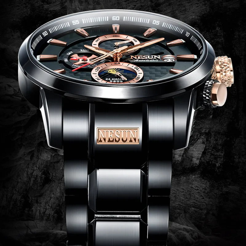 Оригинальный бренд Nesun мужские крутые полностью черные стальные часы