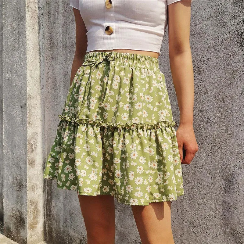 

mini skirt mujer faldas woman skirts womens saias mulher femme jupes fashion Floral Daisy Tight Folds Fungus Country style