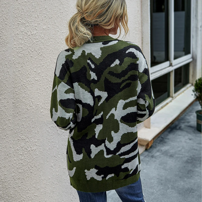 

High Street Women's sweater V-Neck cardigans 2020 New Autumn Winter Camouflage Midi Knitted Cardigan women Full cardigans coat