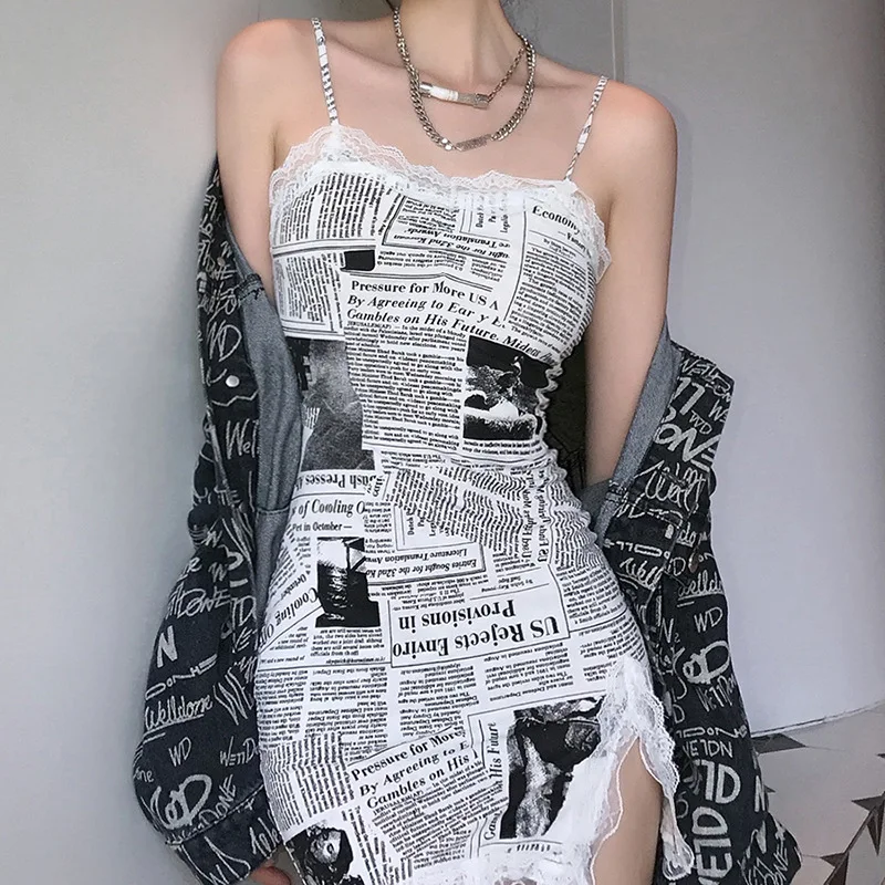 

ZTONE 2021 Y2K Newspaper Patte Bodycon Women Summer Dress Midi Dresses Party Sexy Sleeveless Lace Side Beachwear Holiday
