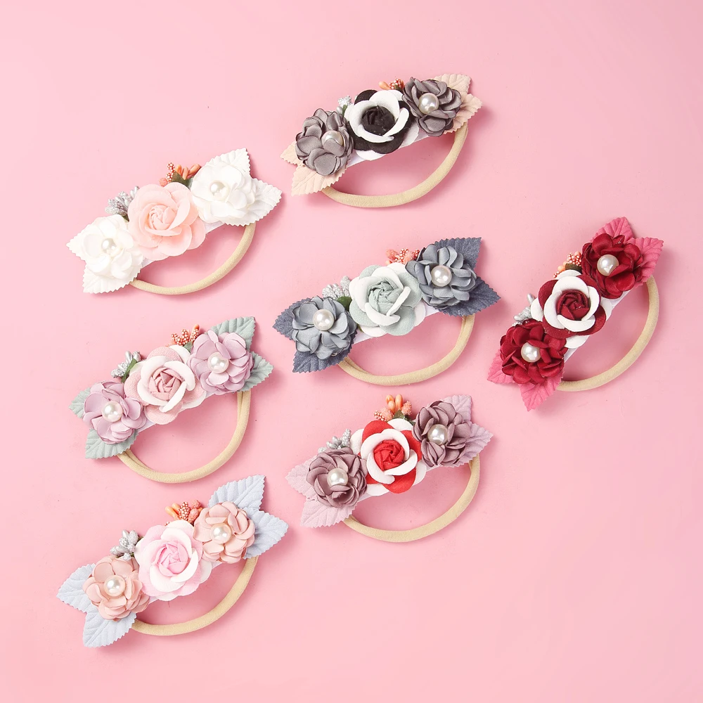 Newborn Baby Headband Flower Bows Pearl Girls Hairband Fashion Nylon Elastic Hair band For Kids Toddler Accessories | Детская одежда и