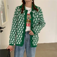 oversized 2xl women retro casual long sleeve knitted print cardigan tops female autumn lapel single breasted sweater cardigans