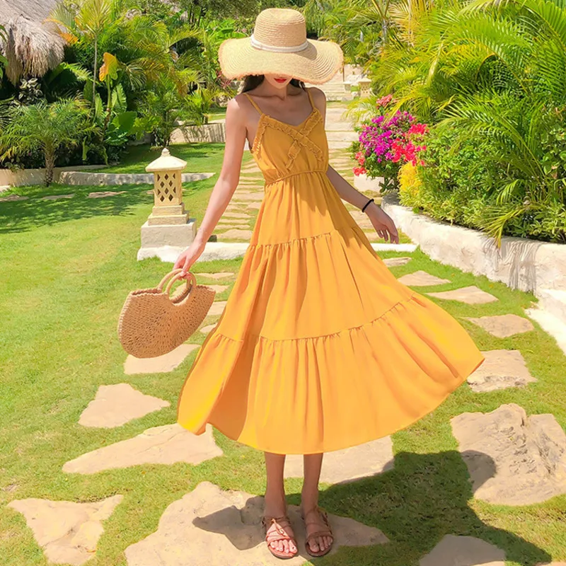 

Yellow Chiffon Suspender Dress Fairy Super Fairy Bow Temperament High Waist Slim Open Back Beach Holiday Clothing