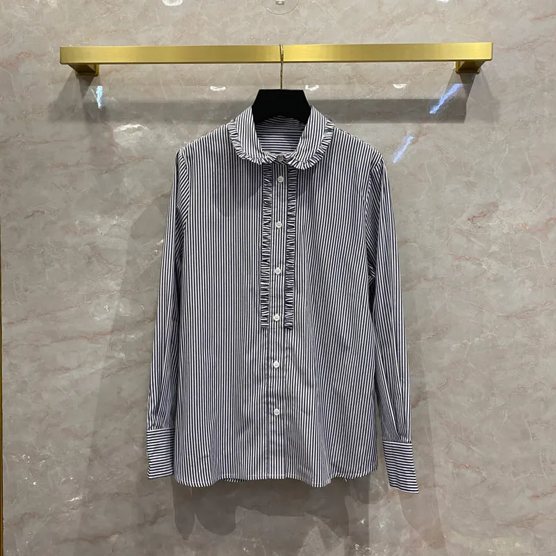 

Classic Striped Shirts for Women Summer 2021 Luxury Brand Lapel Long Sleeve Loose Shirts Good Quality 100% Cotton Striped Shirts