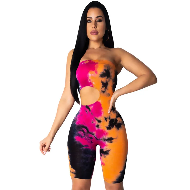 

New Strapless Off Shoulder Jumpsuit Women Tie Dyeing Sexy Bandeau Bodysuit Jumpsuits Rompers 2020 Summer Colorful Holes Bodysuit